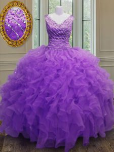 Customized Sleeveless Organza Floor Length Zipper Ball Gown Prom Dress in Purple with Beading and Ruffles