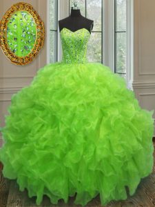 Yellow Green Ball Gowns Organza Sweetheart Sleeveless Beading and Ruffles Floor Length Lace Up Sweet 16 Quinceanera Dres