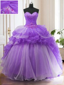Charming Lavender Organza Lace Up Sweetheart Sleeveless With Train Quinceanera Gown Sweep Train Beading and Ruffled Laye