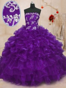 Free and Easy Purple Lace Up Strapless Beading and Appliques and Ruffles Quince Ball Gowns Organza Sleeveless