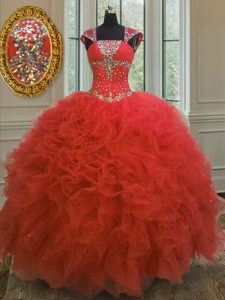 Sexy Coral Red Ball Gowns Organza Straps Cap Sleeves Beading and Ruffles and Sequins Floor Length Lace Up Vestidos de Qu