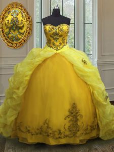 Enchanting Sleeveless Organza With Train Court Train Lace Up Quinceanera Dresses in Light Yellow with Beading and Appliq