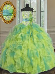 Nice Multi-color Sweetheart Lace Up Beading and Appliques and Ruffles and Sashes ribbons and Hand Made Flower Quince Bal
