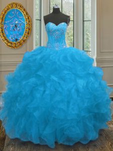 Luxury Blue Ball Gowns Beading and Ruffles Sweet 16 Dresses Lace Up Organza Sleeveless