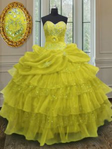 Top Selling Yellow Lace Up Sweetheart Beading and Ruffled Layers and Pick Ups Quinceanera Dresses Organza Sleeveless
