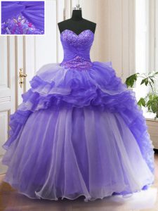 Charming Purple Sleeveless With Train Beading and Ruffled Layers Lace Up Quince Ball Gowns
