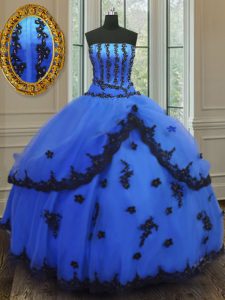 Blue Ball Gowns Strapless Sleeveless Tulle Floor Length Lace Up Appliques Sweet 16 Quinceanera Dress