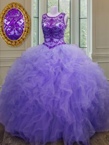 Flare Bateau Sleeveless Lace Up Quinceanera Dress Lavender Tulle