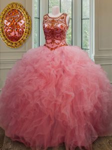 Adorable Pink Ball Gowns Scoop Sleeveless Tulle Floor Length Lace Up Beading and Ruffles Quinceanera Dresses