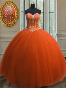 Orange Red Sleeveless Beading and Sequins Floor Length Vestidos de Quinceanera