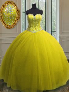 Beading and Sequins Quinceanera Dresses Yellow Lace Up Sleeveless Floor Length