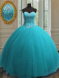 Aqua Blue 15 Quinceanera Dress Military Ball and Sweet 16 and Quinceanera and For with Beading Sweetheart Sleeveless Lac
