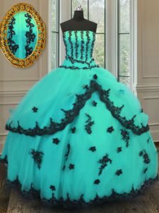 Glorious Turquoise Tulle Lace Up Strapless Sleeveless Floor Length Ball Gown Prom Dress Appliques