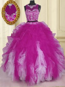 Fashion Scoop Sleeveless Tulle Floor Length Zipper Quinceanera Dresses in Fuchsia with Beading and Ruffles