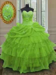 Custom Designed Yellow Green Organza Lace Up 15th Birthday Dress Sleeveless Floor Length Beading and Ruffled Layers and 