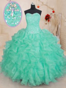 High Quality Apple Green Sleeveless Organza Lace Up Quince Ball Gowns for Military Ball and Sweet 16 and Quinceanera