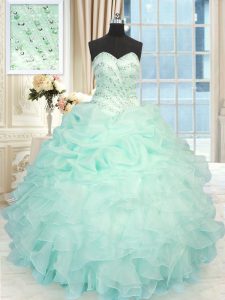 Sleeveless Organza Floor Length Lace Up Vestidos de Quinceanera in Apple Green with Beading and Ruffles