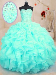 Traditional Aqua Blue Ball Gowns Organza Sweetheart Sleeveless Beading and Ruffles Floor Length Lace Up 15 Quinceanera D