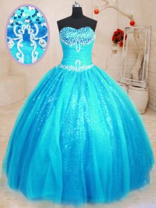 Baby Blue Lace Up Sweet 16 Dress Beading and Appliques Sleeveless Floor Length