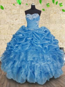 Deluxe Baby Blue Sleeveless Floor Length Beading and Appliques and Ruffles and Ruching Lace Up Vestidos de Quinceanera