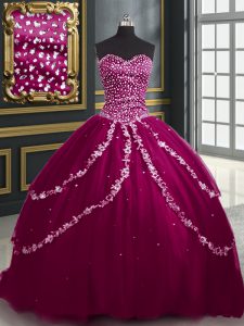 Stunning Sweetheart Sleeveless Brush Train Lace Up 15 Quinceanera Dress Burgundy and Fuchsia Tulle