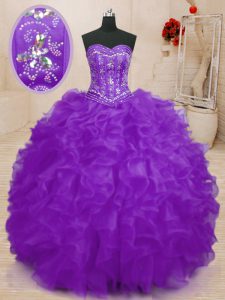 Purple Ball Gowns Organza Sweetheart Sleeveless Beading and Ruffles Floor Length Lace Up Ball Gown Prom Dress