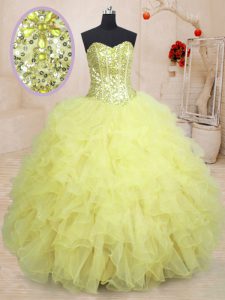 Light Yellow Ball Gowns Sweetheart Sleeveless Organza Floor Length Lace Up Beading and Ruffles Quinceanera Gowns