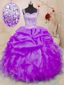 Great Purple Organza Lace Up Sweet 16 Quinceanera Dress Sleeveless Floor Length Beading and Ruffles and Pick Ups