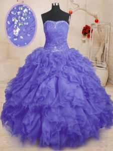 Most Popular Purple Strapless Neckline Beading and Ruffles and Ruching Ball Gown Prom Dress Sleeveless Lace Up