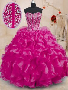 Fantastic Fuchsia Sleeveless Organza Lace Up 15 Quinceanera Dress for Military Ball and Sweet 16 and Quinceanera