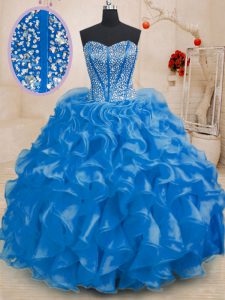Royal Blue Sweetheart Neckline Beading and Ruffles Quince Ball Gowns Sleeveless Lace Up