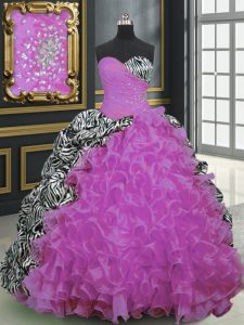 Sweetheart Sleeveless Brush Train Lace Up Sweet 16 Dress Fuchsia Organza and Printed