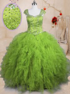 Best Olive Green Ball Gowns Square Short Sleeves Tulle Floor Length Lace Up Beading and Ruffles Quinceanera Gowns