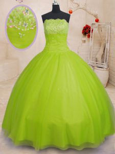 Exceptional Yellow Green Ball Gowns Tulle Strapless Sleeveless Beading Floor Length Lace Up Vestidos de Quinceanera