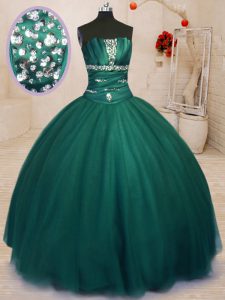 High End Dark Green Strapless Neckline Beading Quinceanera Gown Sleeveless Lace Up
