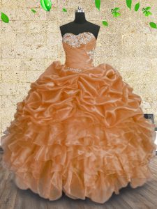 Beading and Appliques and Ruffles and Sequins Ball Gown Prom Dress Orange Lace Up Sleeveless Floor Length
