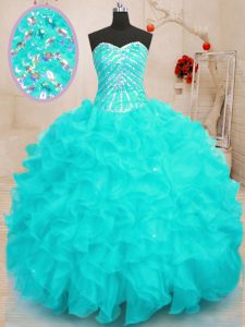 Adorable Aqua Blue Sweetheart Neckline Beading and Ruffles and Sequins Quinceanera Gown Sleeveless Lace Up