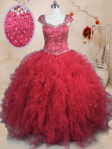 Traditional Cap Sleeves Floor Length Beading and Ruffles Lace Up Ball Gown Prom Dress with Red