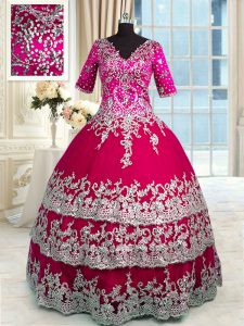 Beauteous Ruffled Floor Length Ball Gowns Half Sleeves Red and Hot Pink Quinceanera Gown Zipper