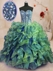 Unique Multi-color Lace Up Quinceanera Gowns Beading and Ruffles Sleeveless Floor Length
