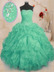 Custom Design Turquoise Sleeveless Organza Lace Up Sweet 16 Quinceanera Dress for Military Ball and Sweet 16 and Quincea