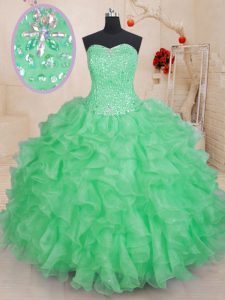 Green Sleeveless Floor Length Beading and Ruffles Lace Up Ball Gown Prom Dress