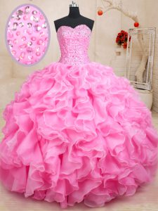 Rose Pink Ball Gown Prom Dress Military Ball and Sweet 16 and Quinceanera and For with Beading and Ruffles Sweetheart Sl