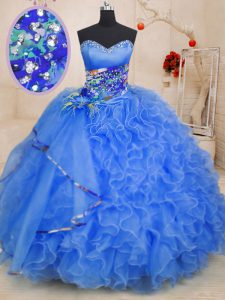 Chic Beading and Ruffles Quinceanera Gowns Blue Lace Up Sleeveless Floor Length
