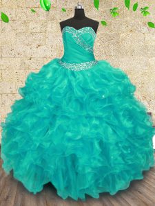Wonderful Ball Gowns Quinceanera Gown Turquoise Sweetheart Organza Sleeveless Floor Length Lace Up