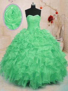 Sleeveless Floor Length Beading and Ruffles and Hand Made Flower Lace Up Quinceanera Dress with Green