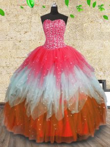 Multi-color Ball Gowns Tulle Sweetheart Sleeveless Beading and Ruffles and Ruffled Layers Floor Length Lace Up Quince Ba