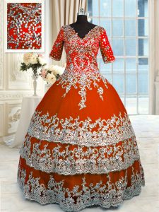 Orange Red Half Sleeves Tulle Zipper Quinceanera Gowns for Military Ball and Sweet 16 and Quinceanera