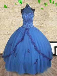Hot Selling Blue Ball Gowns Tulle Halter Top Sleeveless Beading Floor Length Lace Up Vestidos de Quinceanera
