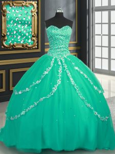 Low Price Turquoise Lace Up Quince Ball Gowns Beading and Appliques Sleeveless With Brush Train